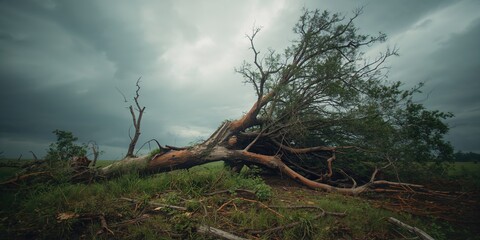 Fallen mighty tree after strong wind, highlighting storm impact on landscape
