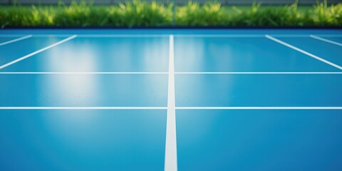 Blue badminton court with white lines designated for court markings, highlighting sports surface preparation