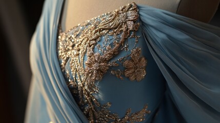 Elegant blue dress with gold floral embroidery luxurious fashion apparel soft flowing fabric texture close up detail