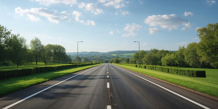 Fototapeta A wide clean road lined with green trees and shrubs on a bright day, streetlights and clear lanes, urban landscaping