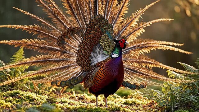 4K video of a red-bellied pheasant (phasianus colchicus) performing its vibrant mating dance, the male spreading stunning feathers in a colorful, graceful display of natural beauty & wildlife behavior