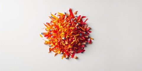 Art supplies with colorful pencil shavings on a clean white background, creative process