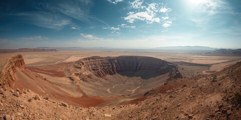 Naklejka premium Meteor crater with a rugged landscape and impact basin, erosion risk, Earth Day