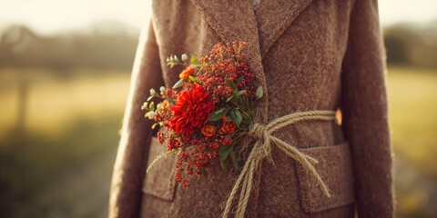 Fototapeta premium Detailed view of a tiny red flower bouquet fastened to an old coat with a rope, focused on decorative fastening methods