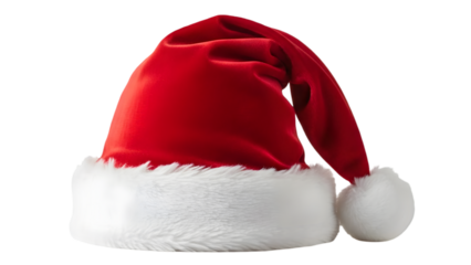 Red santa hat with white trim and pom pom isolated on transparent background for christmas
