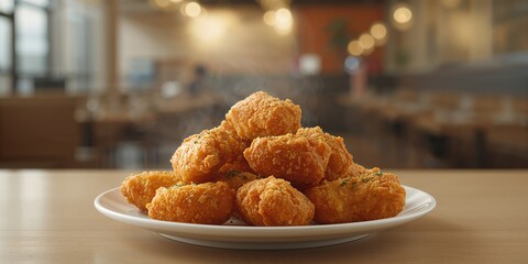Breaded chicken nuggets served on a plate, highlighting food preparation and safety considerations, with meat and bread components