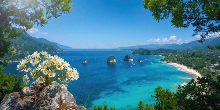 Edelwis flower against a water and sky beach landscape, summer scene, travel background, nature setting
