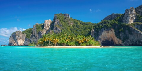 Obraz premium Tropical beach scene with cliffs, coconut palms, and white sand, ideal for vacation imagery, Earth Day