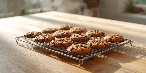 Cooling rack with freshly baked oatmeal cookies, food safety and efficient baking process