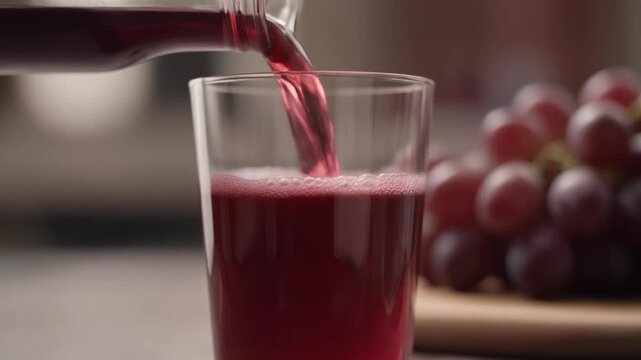 Freshly poured red grape juice, with a bunch of grapes next to a glass. The scene is refreshing, and the colors create a sense of natural refreshment.
