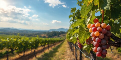 Fototapeta premium Grapes on the vine in a summer vineyard, used as a backdrop for wine production and landscape design
