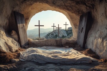 A photograph of the empty tomb with an open stone door, surrounded by four wooden crosses in front on top of the hills of Calvary, taken during golden hour with warm