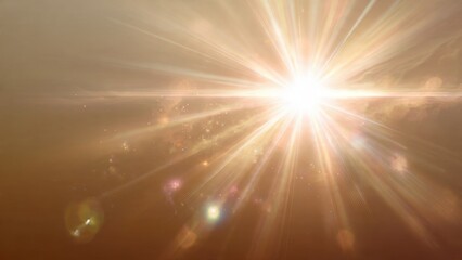 Golden lens flare explosion background with dynamic bright light rays and streaks on a warm sepia tone abstract overlay texture, perfect for cinematic design or mystical concepts.