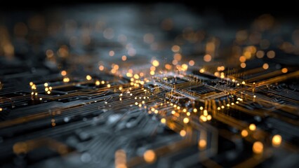 Abstract Circuit Board Background. Data transfer concept showing glowing orange signals flowing across a stylized microchip architecture with depth of field bokeh.