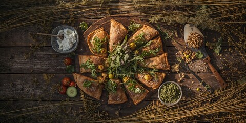Fototapeta premium Flat lay of stuffed pastries with wild greens, suitable for editorial header backgrounds