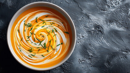 A delicious creamy carrot soup, garnished with swirls of cream and chives. It's a visually appealing and flavorful culinary creation