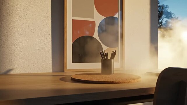 Cozy desk scene with a cork coaster, pencil cup, and abstract framed art; fog softly swirls in haze