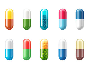 Set of Capsule glyph Pill icons. Medical capsule pictogram isolated on transparent ba