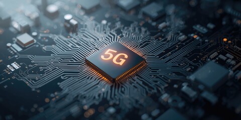 Modern circuit board with 5G network components, supporting high-speed mobile internet, technology background