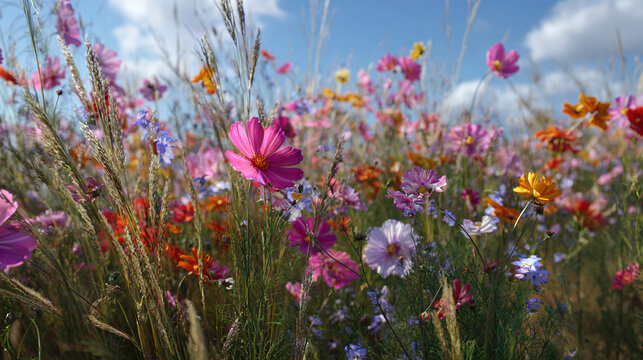 A vibrant meadow of colorful cosmos flowers under a bright blue sky. A field of wildflowers creates a stunning natural landscape