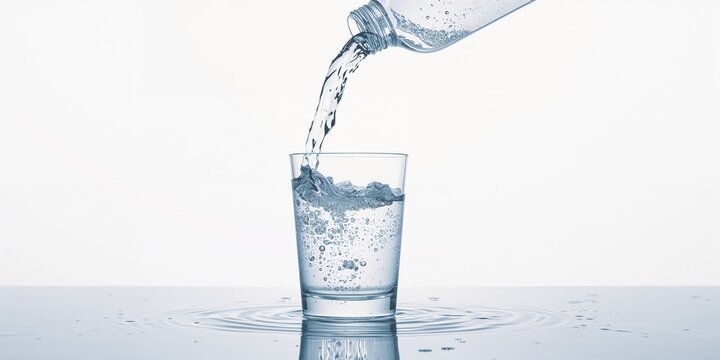 A water bottle pouring into a glass against a white background, highlighting hydration practices