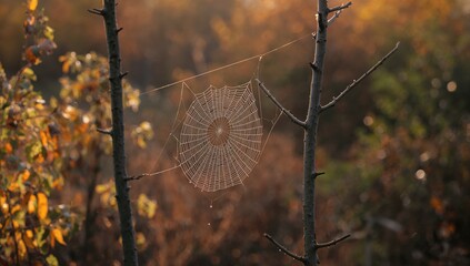 Close-up of a spider web covered in morning dew during autumn, foliage preservation