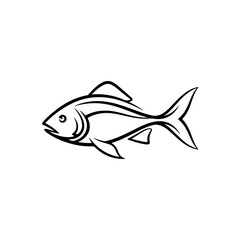 A stylized black and white cartoon drawing of a fish swimming in profile view isolated on transparent background