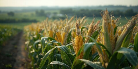 Fototapeta premium Freshly picked yellow corn on cobs in a rural setting, highlighting seasonal agriculture