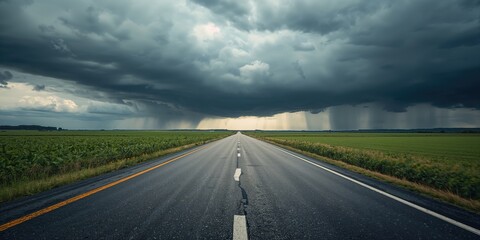 Naklejka premium Empty asphalt highway running through open fields beneath a stormy sky, rural landscape safety,