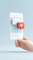 Social media concept with hand holding 3d phone and like notification