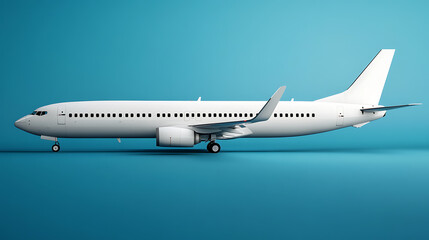 A sleek, white passenger jet is poised on a gradient teal runway. This aviation marvel embodies travel and engineering, ready to soar across skies for countless journeys.