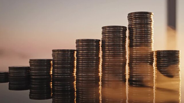 Close-up of stacked coins arranged in rising towers on a reflective surface, bathed in sunset light