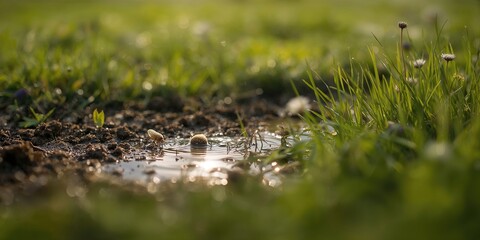 Naklejka premium Tiny creature navigating near a muddy water spot in a lush meadow, illustrating habitat exploration