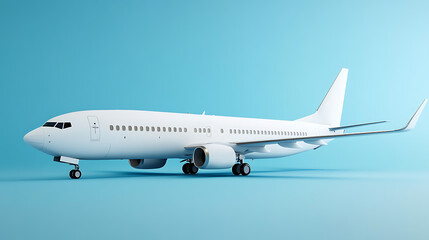 Obraz premium Sleek passenger jet, painted in white, takes center stage against a serene light blue backdrop. Poised for takeoff, the plane symbolizes travel and exploration in crisp, modern design.