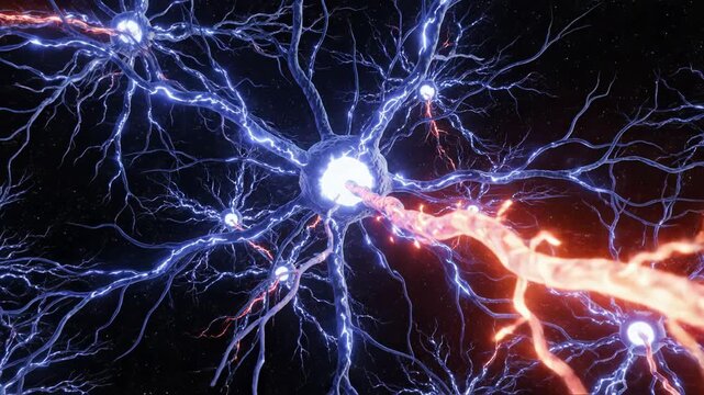 Close up 3d rendering of a neuron cell body with electrical impulse transmission and dendrite connections
