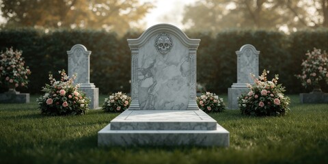 Marble tombstone in the cemetery, memorialization of loved ones, decoration of graves, Day of the Dead observance
