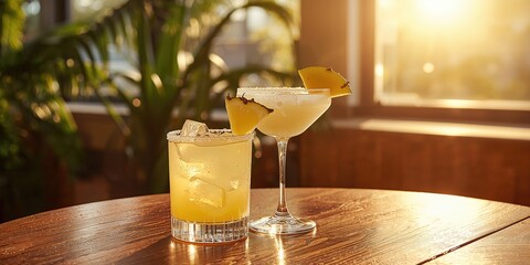 Apple martini and pina colada cocktails with fresh fruit slices on table in cafe, beverage presentation