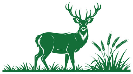 Obraz premium A stylized illustration of a green deer stag standing in a field of wheat and grass
