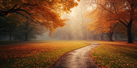 Naklejka premium Brightly colored leaves scattered across a clean autumn park, ideal for layout backgrounds