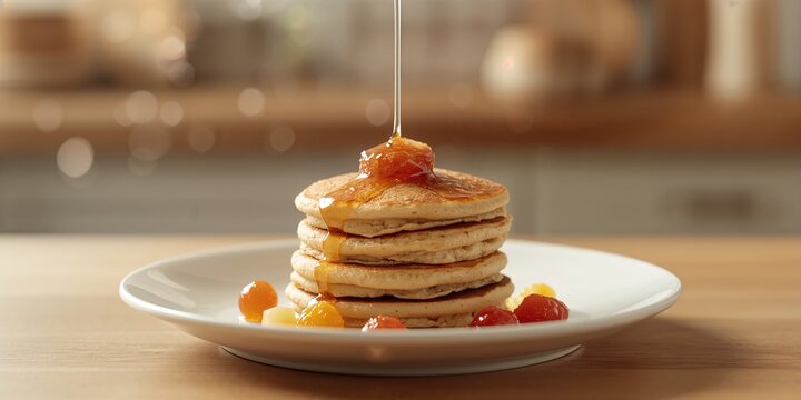 Gluten-free pancakes topped with jam and syrup, made from healthy organic ingredients, on a kitchen interior background, World Food Day
