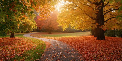 Naklejka premium Brightly autumn leaves on the ground create a vibrant natural scene, seasonal change
