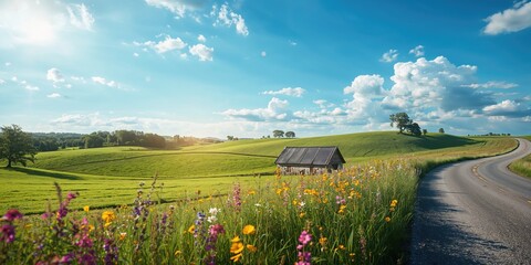 Naklejka premium Summer rural scene with vibrant fields and clear skies, suitable for editorial header backgrounds, World Environment Day