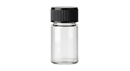 Clear glass essential oil bottle with black cap isolated on transparent background