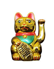Photo of a Maneki Neko, japanese or chinese lucky cat golden statue on white or transparent background, good luck and fortune symbol