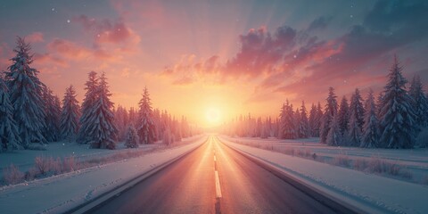 Naklejka premium Evening sunset illuminating a country snowbound road, suitable as a backdrop for editorial design