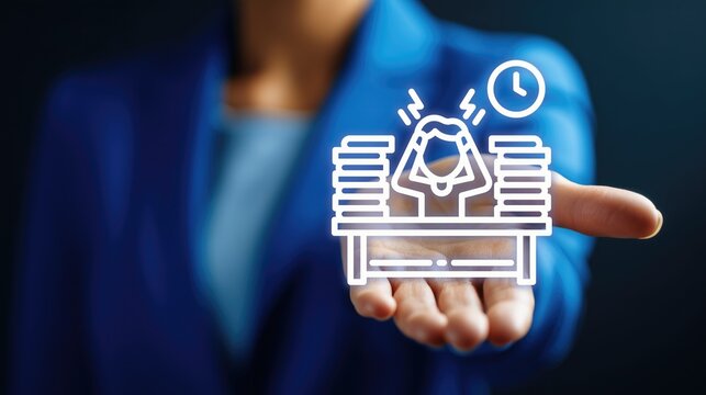 Stressed business person at desk with piles of work, holding head in hands, clock and stress icons above. Concept of workplace pressure, overload, burnout, time management - Powered by Adobe