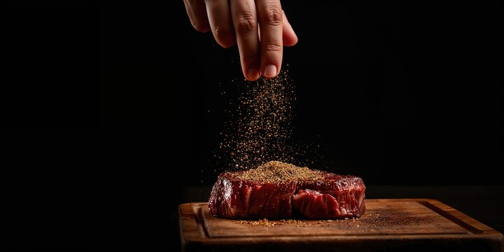 Close up of a man's hands seasoning meat for cooking, food preparation safety