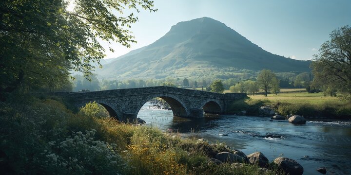 Historic single track packhorse bridge crossing Derwent Water, surrounded by mountain scenery for travel brochure