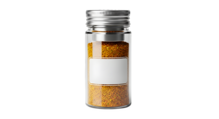 Close up of a small glass spice jar filled with paprika powder isolated on transparent background