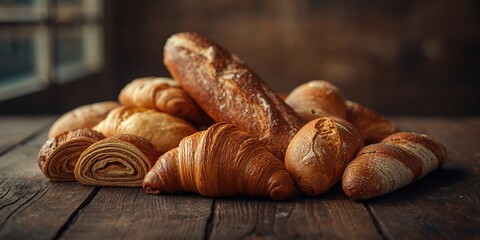 A selection of bread and pastries arranged on a surface, focusing on bakery diversity for menu presentation